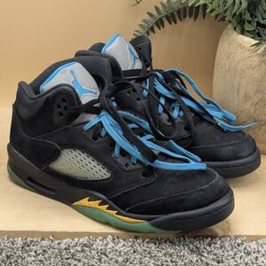 Jordan Retro 5 Aqua Youth Size 4.5 Back To School Shoes Black Leather Suede
